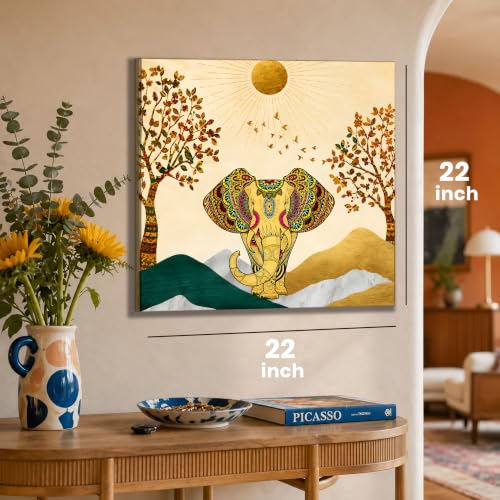 Image of PAINTINGMANTRA istic Elephant Theme Multicolored 1 Stretched Canvas Painting, Outer Size-22x22 Inch