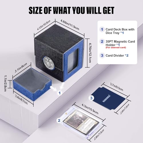 Image of Kabinka Commander Deck Box for MTG with Metal Emblem, Card Deck Box with Dice Tray, Holds 100 Double-Sleeved Cards for TCG /PTCG, Cards Storage Case with 35PT Magnetic Card Holder (Black& Blue, Dragon)