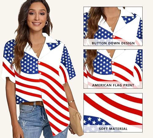 Image of American Flag Shirt for Women 4th of July USA Button Up Tops Summer Hawaii Floral Patriotic Stripes Graphic Tee