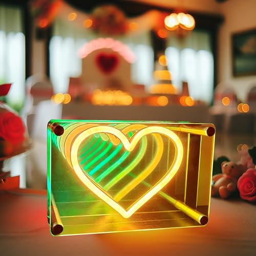 Image of Fariita Valentines Day Decor Infinity Heart Neon Sign Light Up Infinity Mirror Double-Layer Acrylic Light Heart LED Lamp with USB Power Bar Home Table Decor Gifts for Birthday, Wedding Anniversary, Marriage Proposals, Engagements, Romantic Events