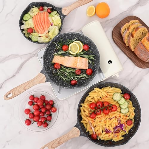 Image of Non-Stick Frying Pan with Wooden Finish Soft Touch Handle, 2.5mm Thickness, Consumes Less Oil, Even Heat Distribution, Induction Bottom and Gas Ready (Black, 20cm+24cm)
