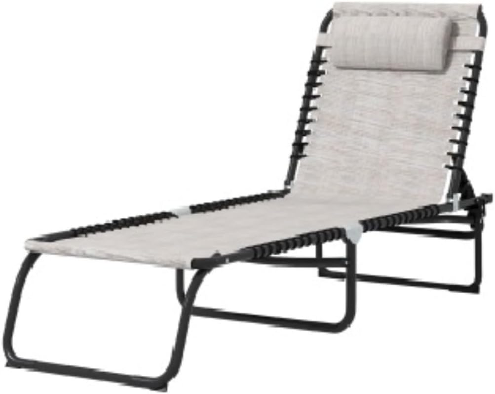 Folding Deck Chair Pool Chair, Patio Lounge Chair, Outdoor Lounge Chair with 4 Position Reclining Backrest, Breathable Mesh Seat for Beach, Patio, Balcony, Pool, Creamy White