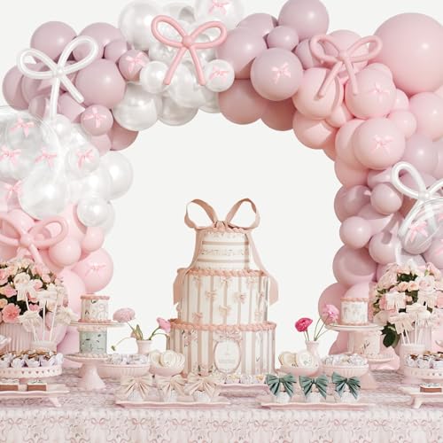 Image of Pink and White Bow Balloon Arch Kit,JOGAMS 199Pcs Coquette Birthday Decorations with 260 Bubble Pearl White Balloons Ribbon Bow for Coquette Bow Birthday Baby Shower Wedding Bachelorette Bridal Shower