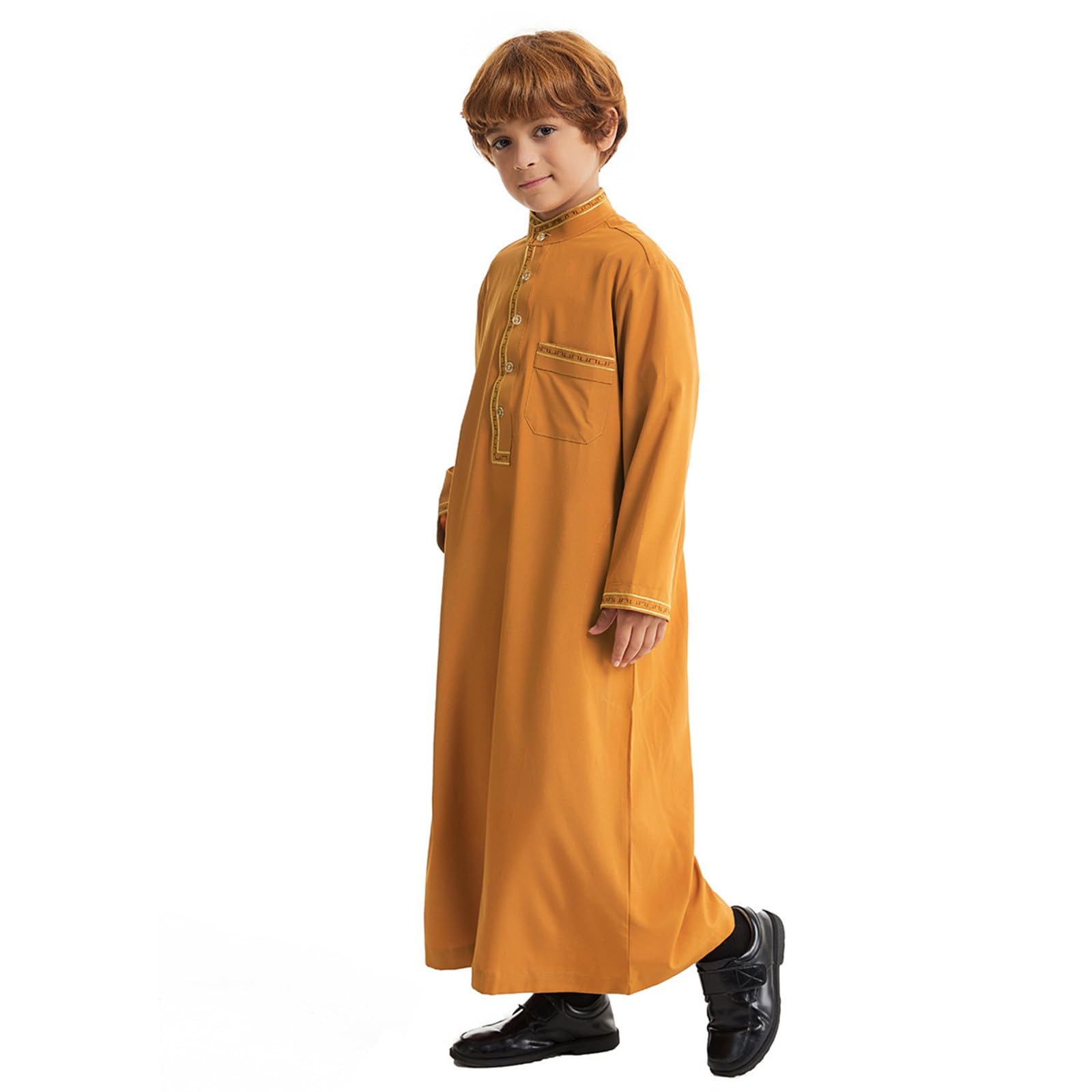Eid ubrania dla chłopców biała Thobe muzułmańska szata z długim rękawem zapinana na guziki chłopcy Jubba z kieszeniami kaftan haftowana odzież narodowa Abaya dla dzieci na prezenty Eid i piątkowe
