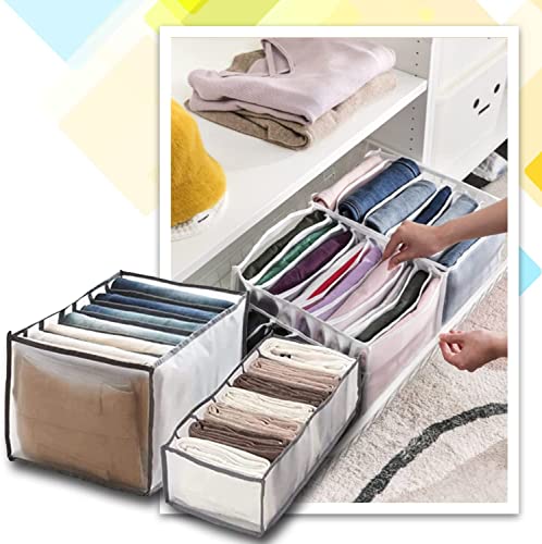 Kleiderschrank-Organizer für gefaltete Kleidung, 7 Fächer, Jeans-Fach, Aufbewahrungsbox, faltbarer Schrank, Schubladen-Organizer, Kleidung, Schubladen, 2 Größen (grau, Jeansgitter + Leggingsgitter) Cover