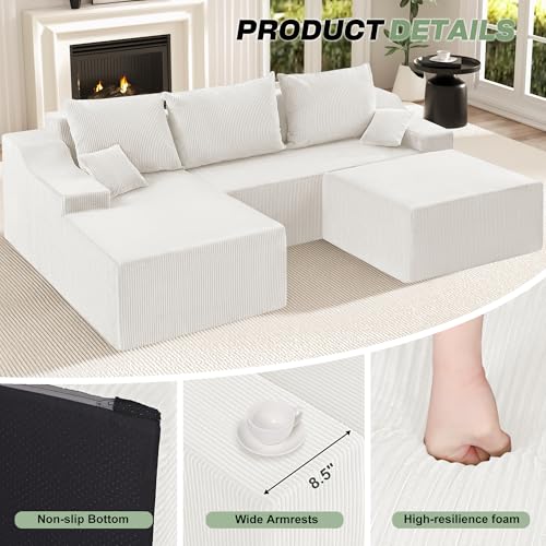 Image of HABUTWAY 94 inch U Shaped Modular Sectional Couch for Living Room, Modular Cloud Sofa with Ottoman, No Assembly Boneless Couches with Deep Seat, Corduroy Fabric (Beige, Left Facing)
