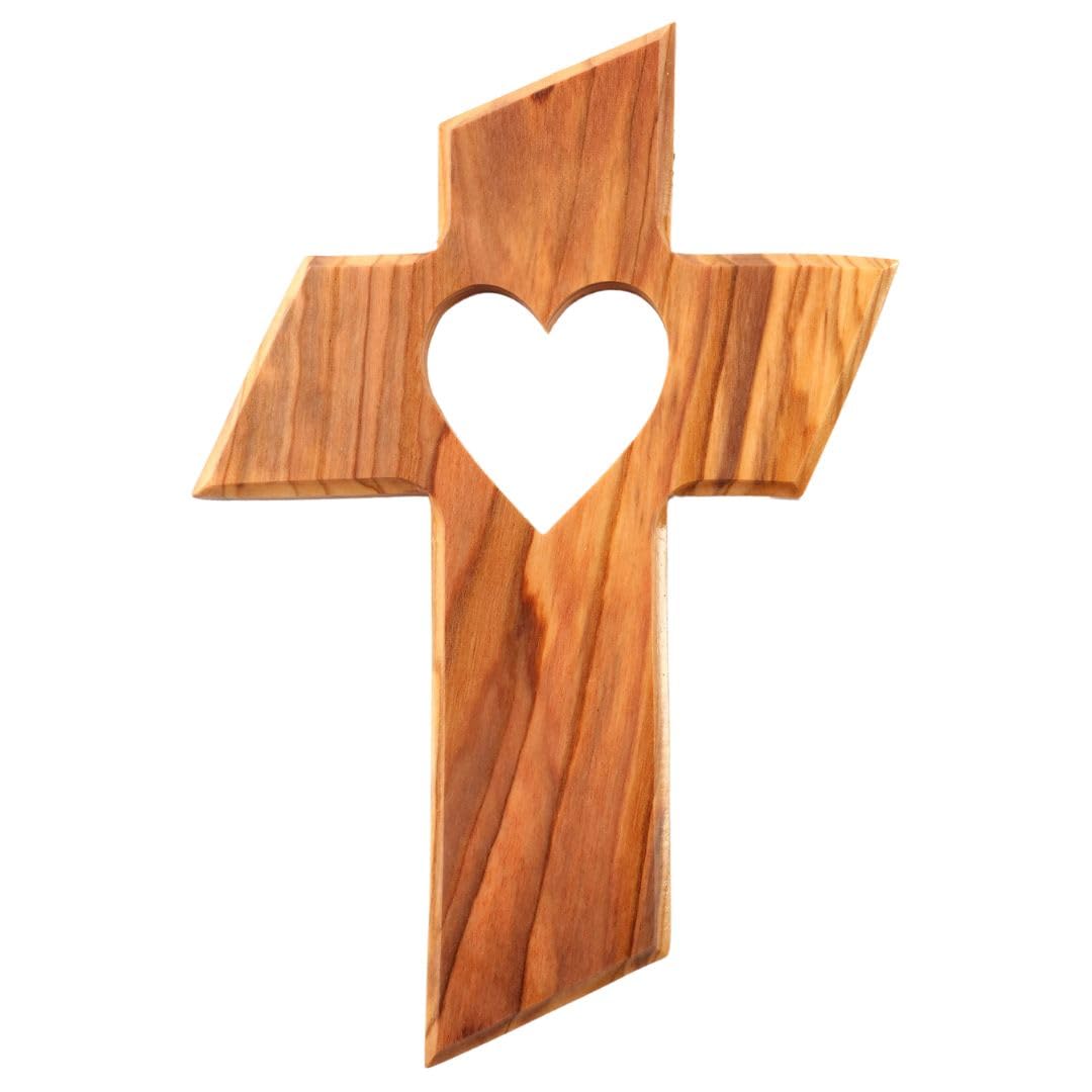 KASSIS Olive Wood Hanging Cross (Heart) – Handmade Wall Cross from Bethlehem – Religious Gift, Wall Decor for Christening, First Communion, Confirmation, Wedding, Housewarming