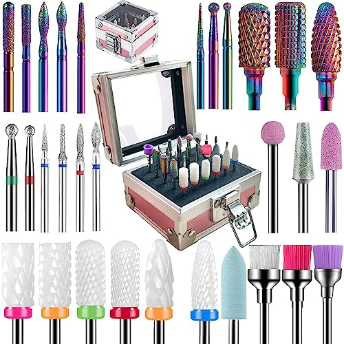 30Pcs Nail Drill Bits Set with Cute Nail Drill Bits Holder Case Nail Drill Bits for Acrylic Nails Professional Ceramic Drill Bit Diamond Carbide Cuticle Remover Efile Bits 3/32 Inch