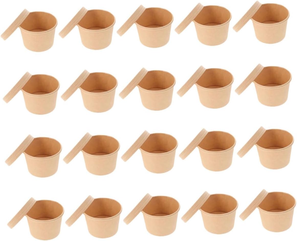 50pcs 8oz Thickened Kraft Paper Ice Cream Bowls with Lids Disposable Yogurt Cups for Takeout Soup and Dessert Packaging