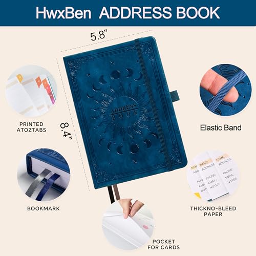 Adressbuch mit farbigen alphabetischen Registerkarten (21,3 x 14,5 cm) – Hardcover-Kontaktorganizer für Website-Passwörter, Telefon, Softwarelizenzen und wichtige Informationen – Blau