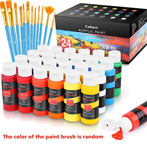 Caliart Acrylic Paint Set With 12 Brushes, 24 Colors (59Ml, 2Oz) Art Craft Paints Gifts For Artists Kids Beginners & Painters, Easter Basket Stuffers Pumpkin Canvas Ceramic Rock Painting Supplies Kit #TOP1