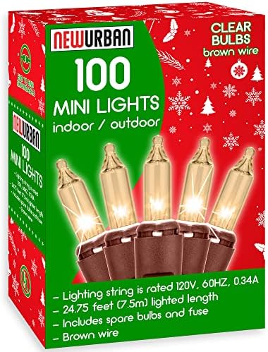 100 Christmas Mini Lights - 24.8 ft / 7.5m - 120V - Warm White Bulbs 2800K - Brown Wire - 120V - End to End Connection - Indoor & Outdoor Use - Light Strings for Christmas Tree and New Year Decoration