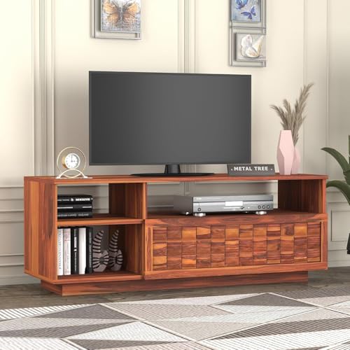 Image of Solid Sheesham Wood TV Unit for Living Room 55 Inch Furniture - Wooden TV Unit with Storage Cabinet with Drawer, 3 Shelves Wooden TV Cabinet - Accommodates up to 55-Inch TV (Asher, Honey)
