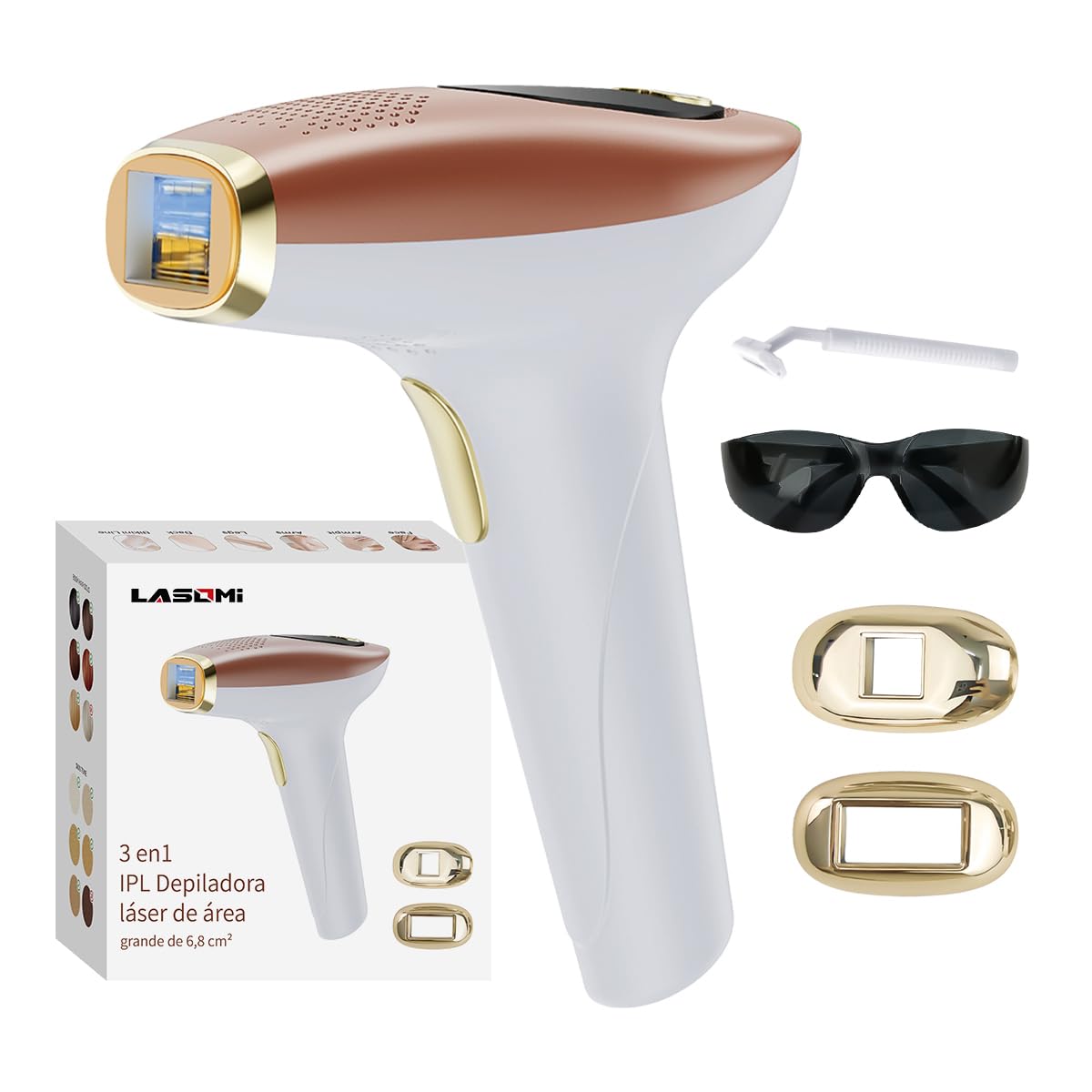 Lasomi 3 en1 IPL Depiladora Láser, 9 niveles ajustables,6,8 cm² Área grande, Dispositivo de depilación indolora IPL Para Mujer, 999.999 destellos, Con HR/SC/RA,dispositivo para axilas, piernas, brazos