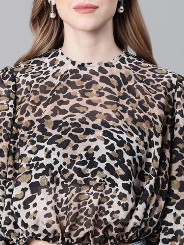 Image of oxolloxo Women Animal Print Round Neck Long Sleeve Elasticated Tie-Up Crop Top