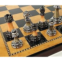HPL Staunton Chrome & Black Chrome Chess Men Set W 18" Gloss Walnut and Birdseye Maple Color Board