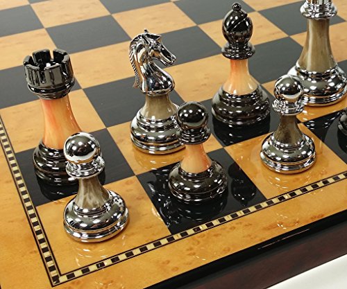 HPL Staunton Chrome & Black Chrome Chess Men Set W 18 Gloss Walnut and Birdseye Maple Color Board HPL Staunton Chrome & Black Chrome Chess Men Set W 18" Gloss Walnut and Birdseye Maple Color Board