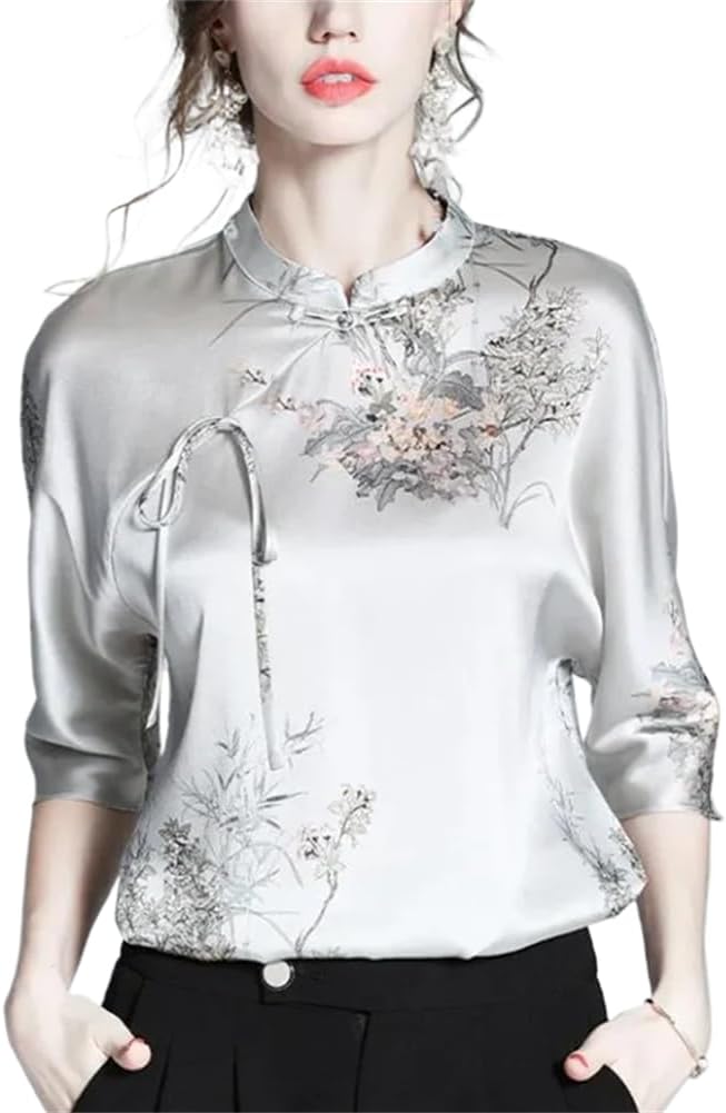 Pullover Shirt Ladies Blouses National Style Summer Sleeve Top Retro Button Strap Print Women'