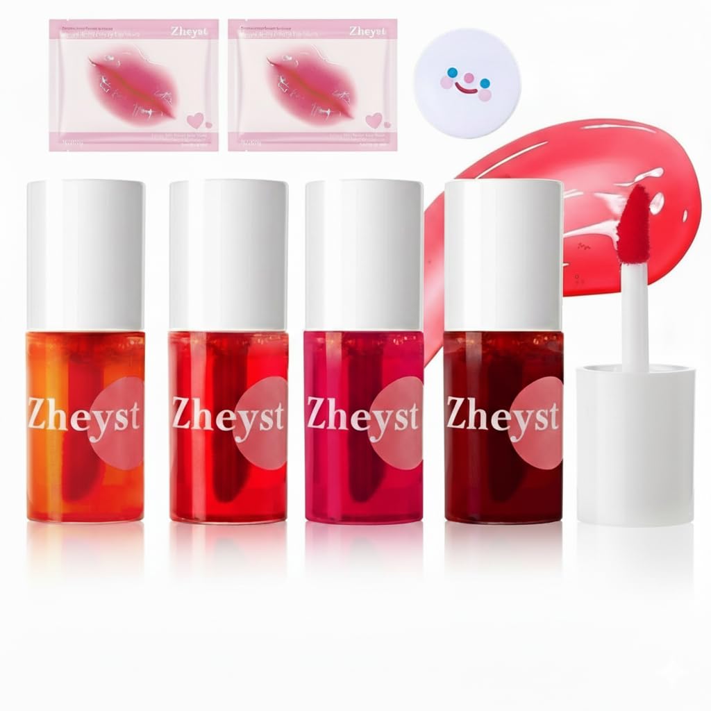 Korean Lip Tints Lip Tint Korean Stain Set 4 Colors for Women Tints & Stains Glossy Cute Liquid Makeup Kit, Long Lasting Aesthetic Gloss with Beauty Mini