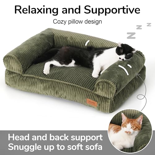 FUKUMARU Cat Couch Bed, Corduroy Cozy Cat Bed for Indoor Cats with Removable Washable Cover, Supportive Anti-Slip Dog Beds Sofa for Small Dogs Cute, 27inch, Medium, Green - Image 3