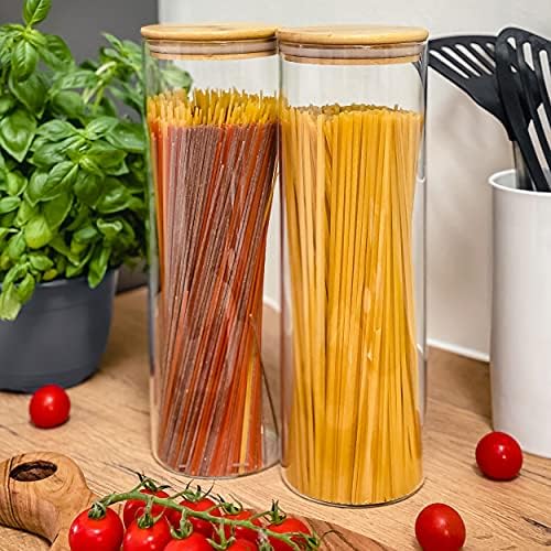 Praknu Set of 2 Glass Jars with Bamboo Lids for Spaghetti Storage - 31 cm Tall - Airtight - With 2 Extra Silicone Seals - Dishwasher Safe