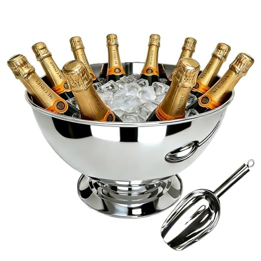 Stainless Steel Champagne Bucket with Scoop, 15.3" Large Capacity Ice Bucket with Detachable Base, Mirror Polished Inside & Out, Heavy Duty Wine Chiller Bowel for 8 Bottles Parties, Weddings