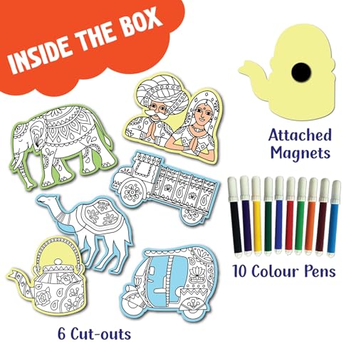 Image of SparkLPlay DIY Craft Kit for Kids Coloring Set with 6 Fridge Magnet Cutouts, 10 Color Pens. Mess Free. Gift for Kids. (Indian Art Forms)