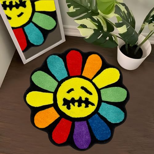 Shovagy Trippy Happy Face Rug Cool Rugs Tufted Quick Dry Bath Mats for Bathroom Non Slip Bath Mat Water Absorbent 2.6FT Rainbow Bathroom Rugs Halloween Gothic Skull Horror Flower Decor Carpet