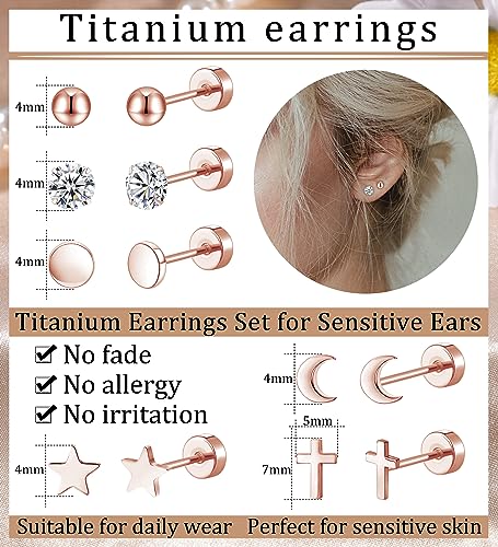 MJust Hypoallergenic G23 Titanium Earrings for Women & Men – Flatback Studs with Moon, Star & CZ Designs for Sensitive Ears (Rose Golden) by MJust - Image 2