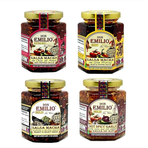 DON EMILIO Salsa Macha - Premium Mexican Chili Crisp 4 Pack (9 oz Jar) | Chile de Árbol, Morita, Peanut & Seeds, or Spicy Garlic