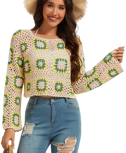 Crochet African Flower Granny Square Pullover Colorful Block Swea...