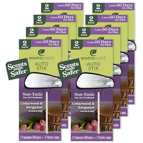 Enviroscent Non-Toxic* Car Air Freshener Auto Stix - Scents Made Safer - Enjoy Fragrance That Lasts Up to 480 Days - Includes Auto Stix Diffusers & Elastic Loops - Cedarwood & Bergamot (Pack of 8)