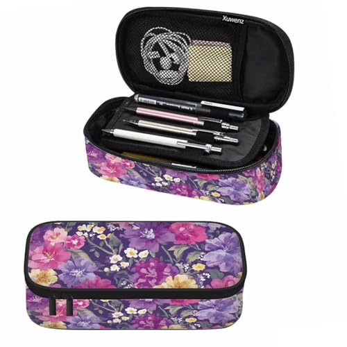 Image of Purple Flowers Pencil Bag Blooming Buds Yellow Blue White Big Capacity Pencil Case Pencil Pouch Pen Bag School Students Boy Girl