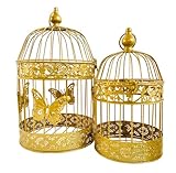 Hadaaya's Set of 2 Gold Round Metal Birdcage Lantern, Decorative Candle Holder, Wedding Card Holder, Decorative Table Centerpiece for Valentine, Wedding, Indoor/Outdoor Party Event (Gold)