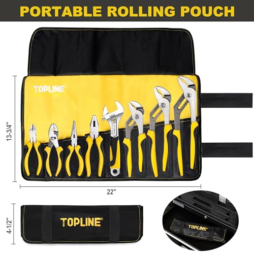 TOPLINE 8-Piece Pliers and Wrench Set, 8” Adjustable Wrench, 12”, 10”, 8” Groove Joint, 7” Linesman, 6” Slip Joint, 6” Long Nose, 6” Diagonal Pliers for Home Repair, Rolling Pouch Included - Thumbnail 3