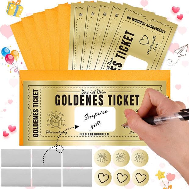 SUpoetry 6 sets Golden Ticket Tarjeta Regalo Con Sobres, Tarjeta Regalo Rasca y Gana Golden Ticket con Espacio Para Escribir Propios Mensajes, Tarjeta Regalo Dorada Personalizable