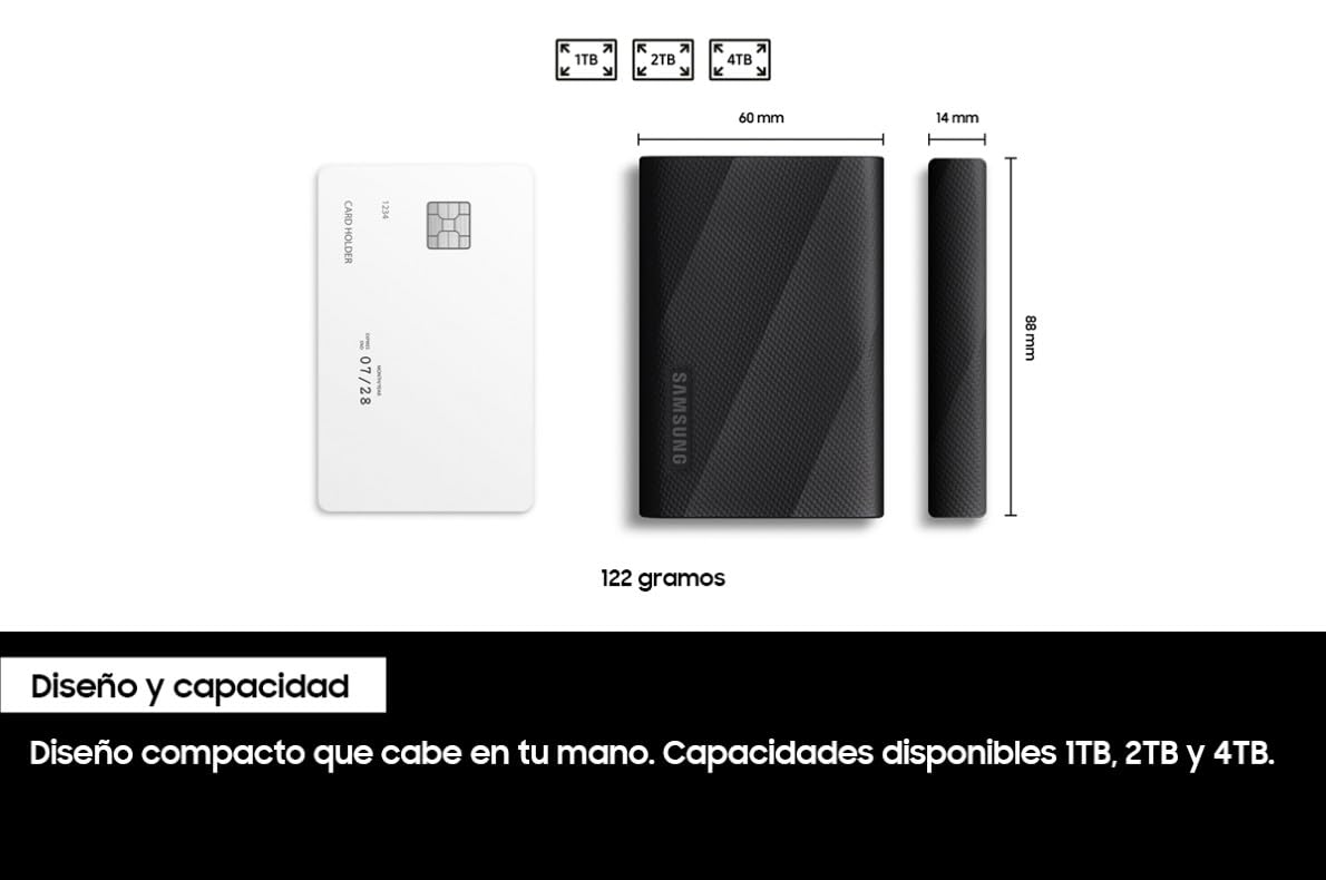 Samsung Portable SSD T9, 1 TB, Disco Duro Externo, Lectura y escritura 2.000 MB/s, USB 3.2 Gen.2x2, Para Profesionales y Creativos, Compatible con PC, Mac, Android y Cámaras 12K, Negro (MU-PG1T0B/EU)