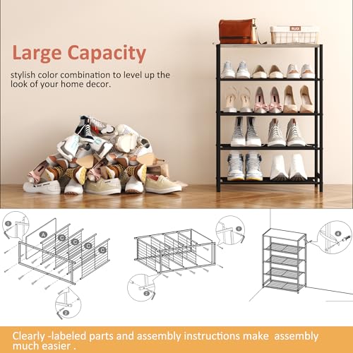 Image of HOMEFORT 5 Tiers Shoe Rack Organizer,23 inch Shoe Storage Shelf for Closet, Shoe Rack for Entryway, Each Tier Fits 3 Pairs, Shoe Stand with Metal Shelves and MDF Top Board, Washed Gray