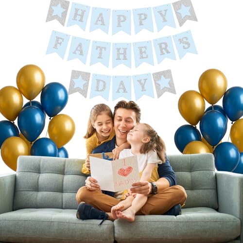 Image of Happy Father's Day Glitter Black Beer Bunting Banner for Dad Father's Party Decorations Backdrop Garland for Father's Day (Light Blue Silver Father)