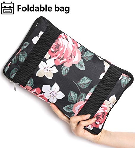 Foldable Large Travel Duffle Bag Waterproof Cute Overnight Carryon Weekender Bag for Women Girl (Black Rose)
