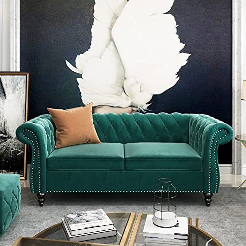 Image of Chesterfield Loveseat, Modern Velvet Sofa Tufted Couch 2 Seater with Scroll Arms and Nailhead for Living Room, Bedroom, Office, Apartment (Green)