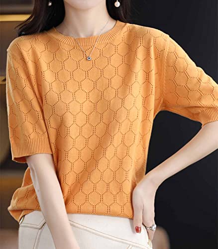Image of Summer Hollow Out T-Shirt Women's Short Sleeve Sweater Cotton Knitted O-Neck Lightweight Pointelle Breathable Tops
