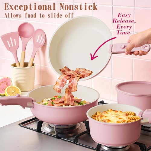 Image of Umite Chef Pots and Pans Set Non Stick, 21 pcs Nonstick Ceramic Cookware Set, RV Kitchen Cooking Set with Detachable Handles, Oven Safe, Induction Cookware, Stackable, Pink, PFAS PFOA & PTFE Free