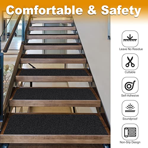 Shien 8X30In 15Pcs Non-Slip Stair Treads Carpet, Self-Adhesive Stair Treads For Wooden Steps, Indoor Safety Staircase Step Treads, Anti Slip Stair Runner Mats For Elders, Kids And Dogs (Black) #TOP4