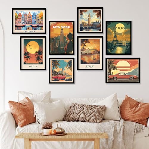 Image of kotart Retro Travel Theme City Vibes Wall Decor Photo Frames - Modern Art City Vibes Wall Decor Photo Frames - Wall Poster with Frame for Room Office Living Room Hotel Home Decor Set of 8 (Art 3, Big(13x17 or 13x13 inch), Framed)