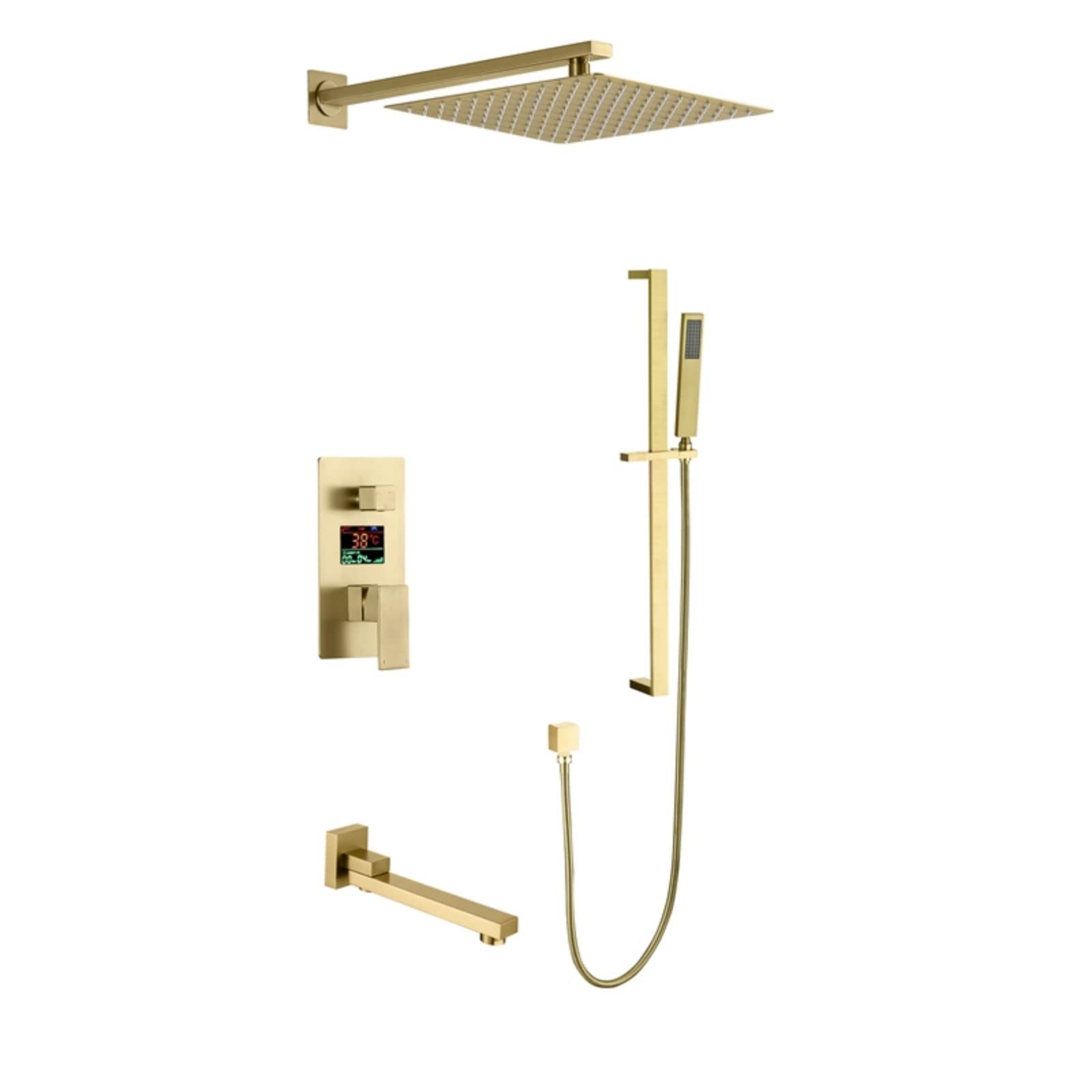 WOTZOV Shower System Wall Mounted Faucet Set With Led Digital Display Combo 10" Rain Head Mixer With Bathtub Spout, Handheld, 27.5" Rod,Black，Brushed Gold