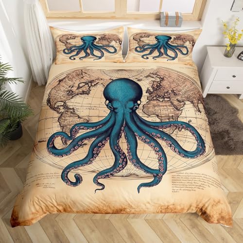 Blue Octopus Bedding Set Queen,Retro Ocean World Map Comforter Cover for Kids Child,Nautical Sea Animal Duvet Cover Under Sea Reptile Coastal Creature Quilt Cover Ocean Theme Sketch Bedroom Decor