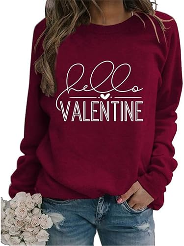 FORHVIPS Sudadera Hello Valentine para mujer diseño gráfico de manga larga para el día de San Valentín blusa casual de moda