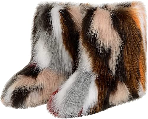 YESBOR Women's Winter Faux Fur Boots Round Toe Warm Fuzzy Fluffy Furry Snow Boots Flat Shoes