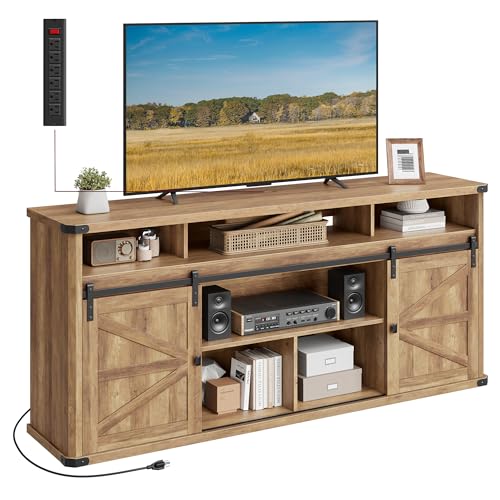 VASAGLE TV Stand for TVs up to 75 Inches, Farmhouse Entertainment Center with Sliding Barn Doors, TV Console Table for Living Room, Honey Brown ULTV323K41